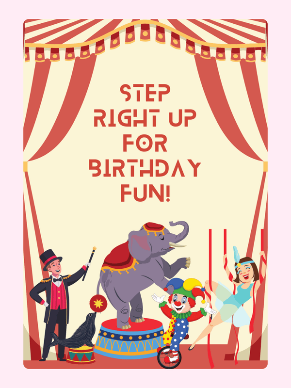 Circus birthday party invitation, featuring an elephant and performers.