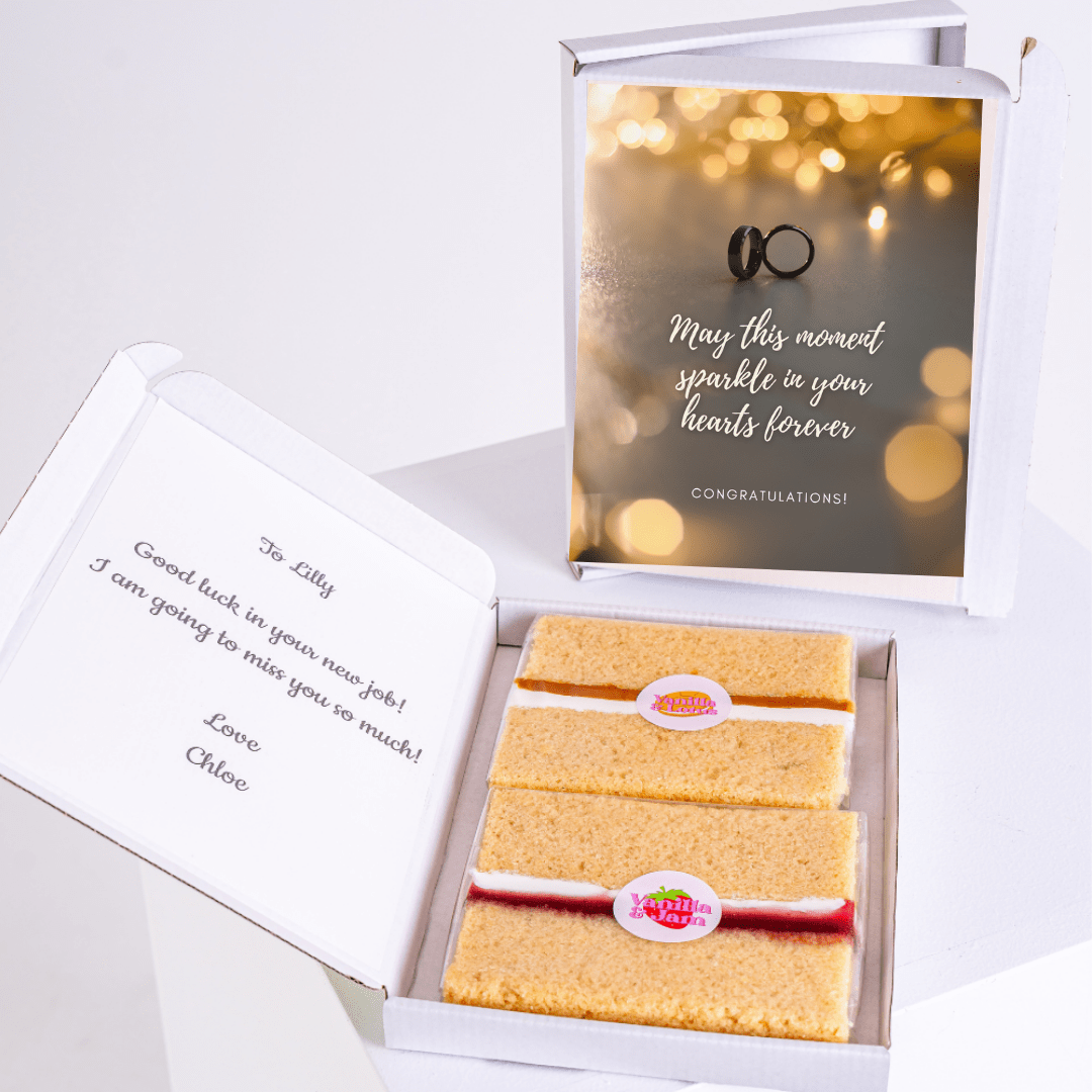 New job congratulations gift box with cake and card