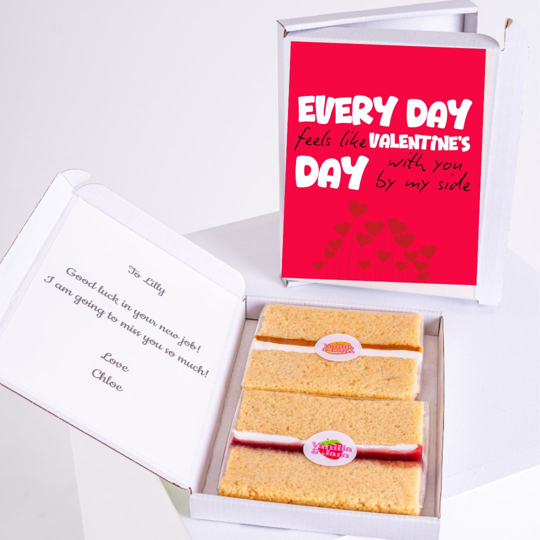 Cake gift box for Lilly with Valentine's Day message and good luck note.