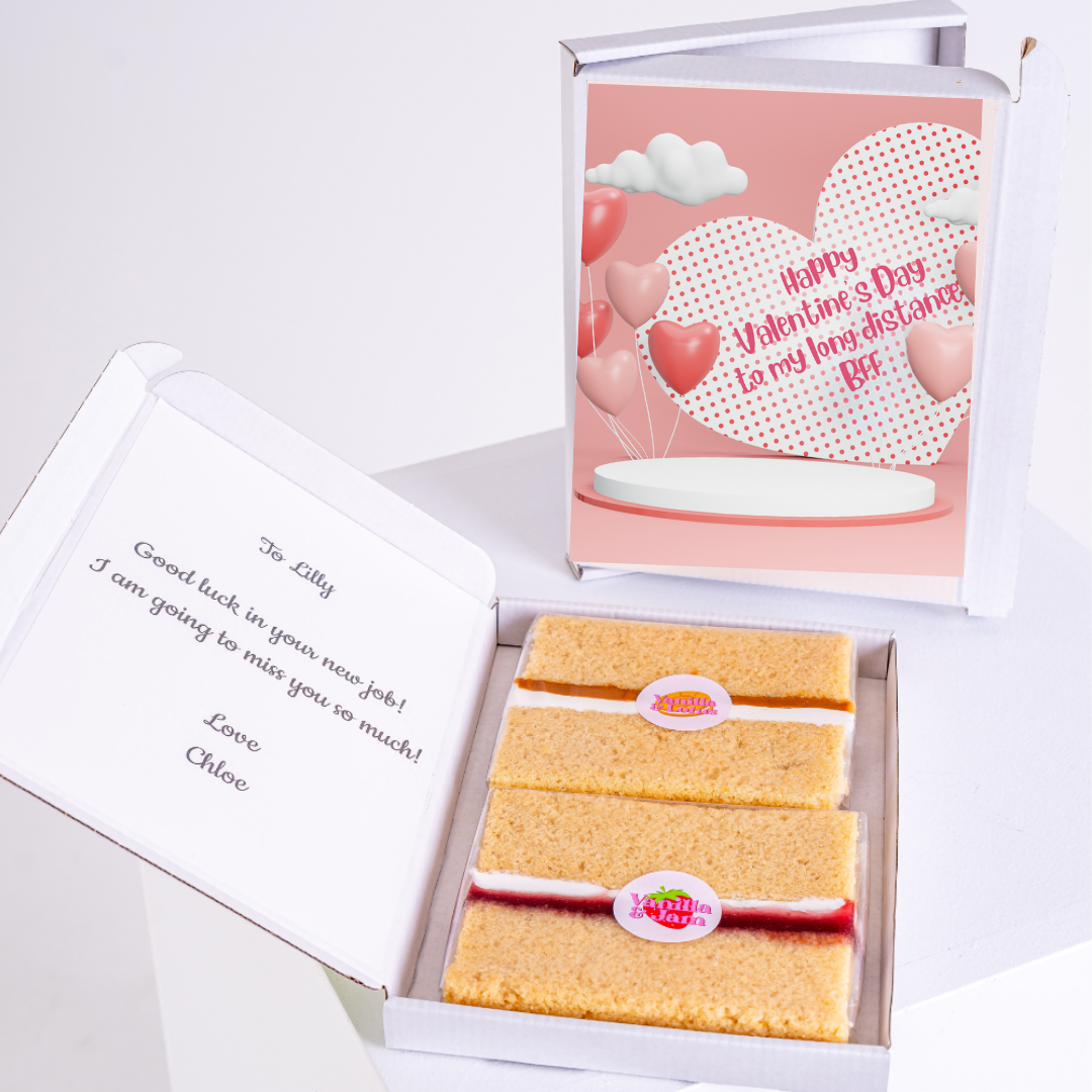 Valentine's Day cake gift box for Lilly, with note and balloons.