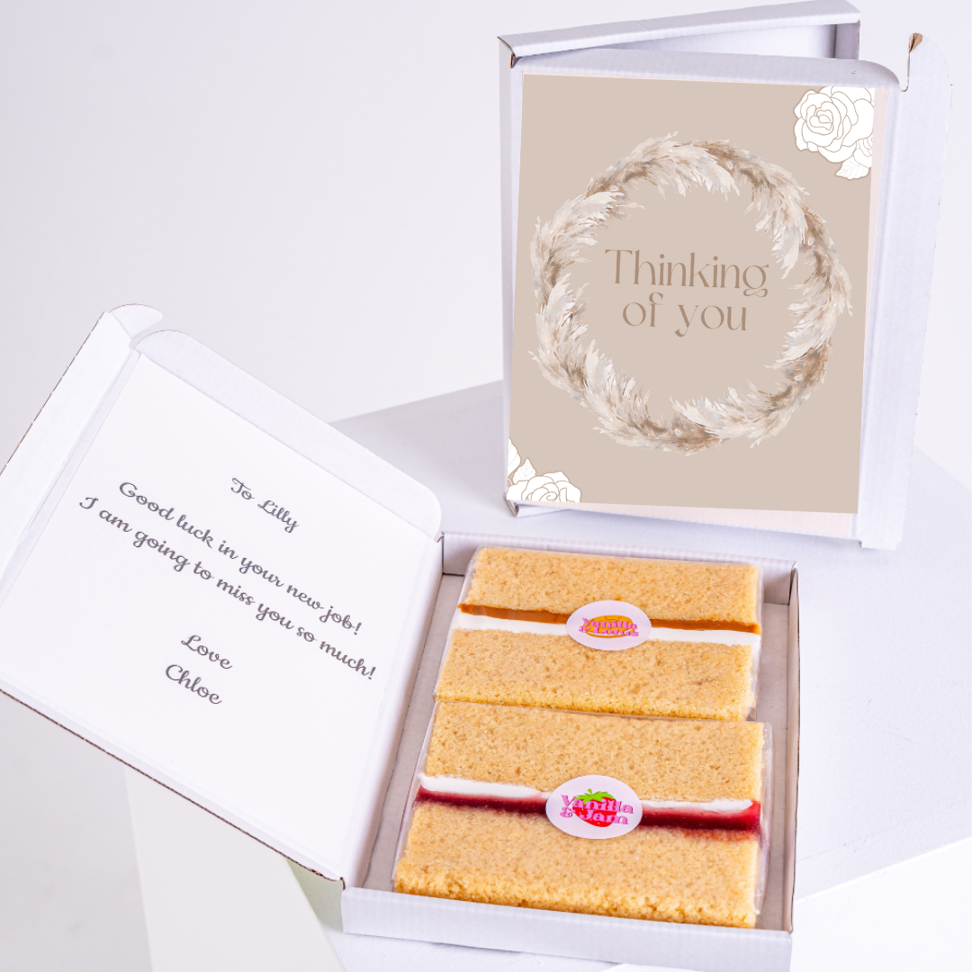 Farewell gift for Lilly with cake and Thinking of You card.