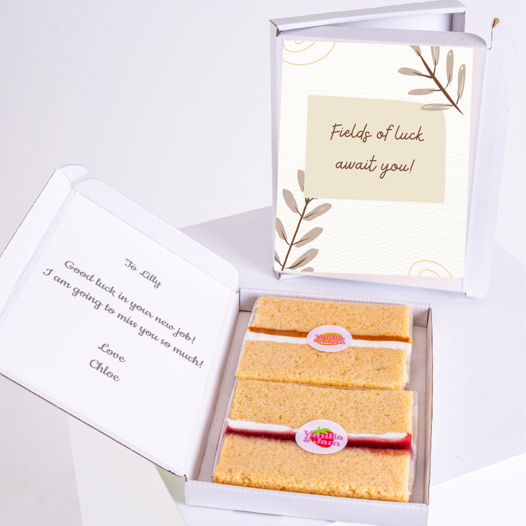 Cake gift box with Fields of luck card & message for Lilly.