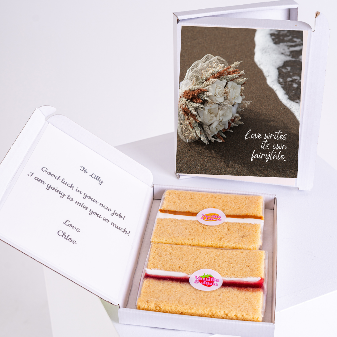 Gift box with cake, card, and message Good luck, Lilly!