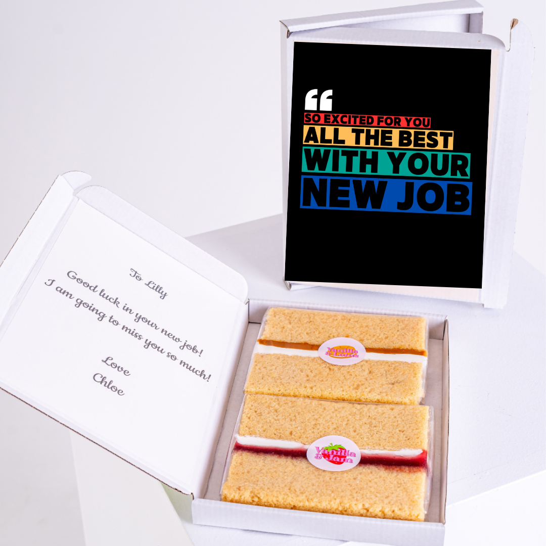 Cake gift box for Lilly's new job, with a message