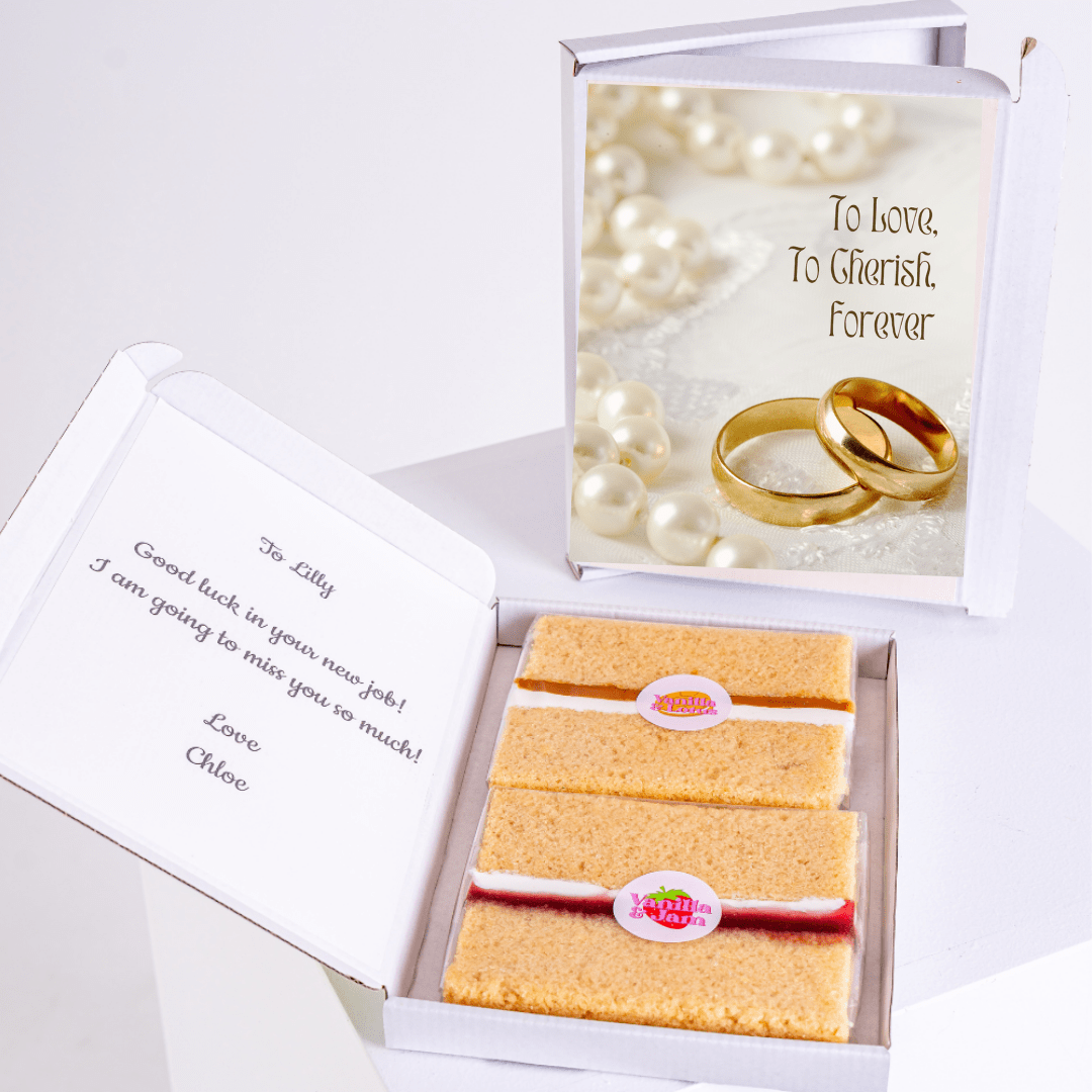 Cake gift box with To Love, To Cherish Forever card and farewell note.