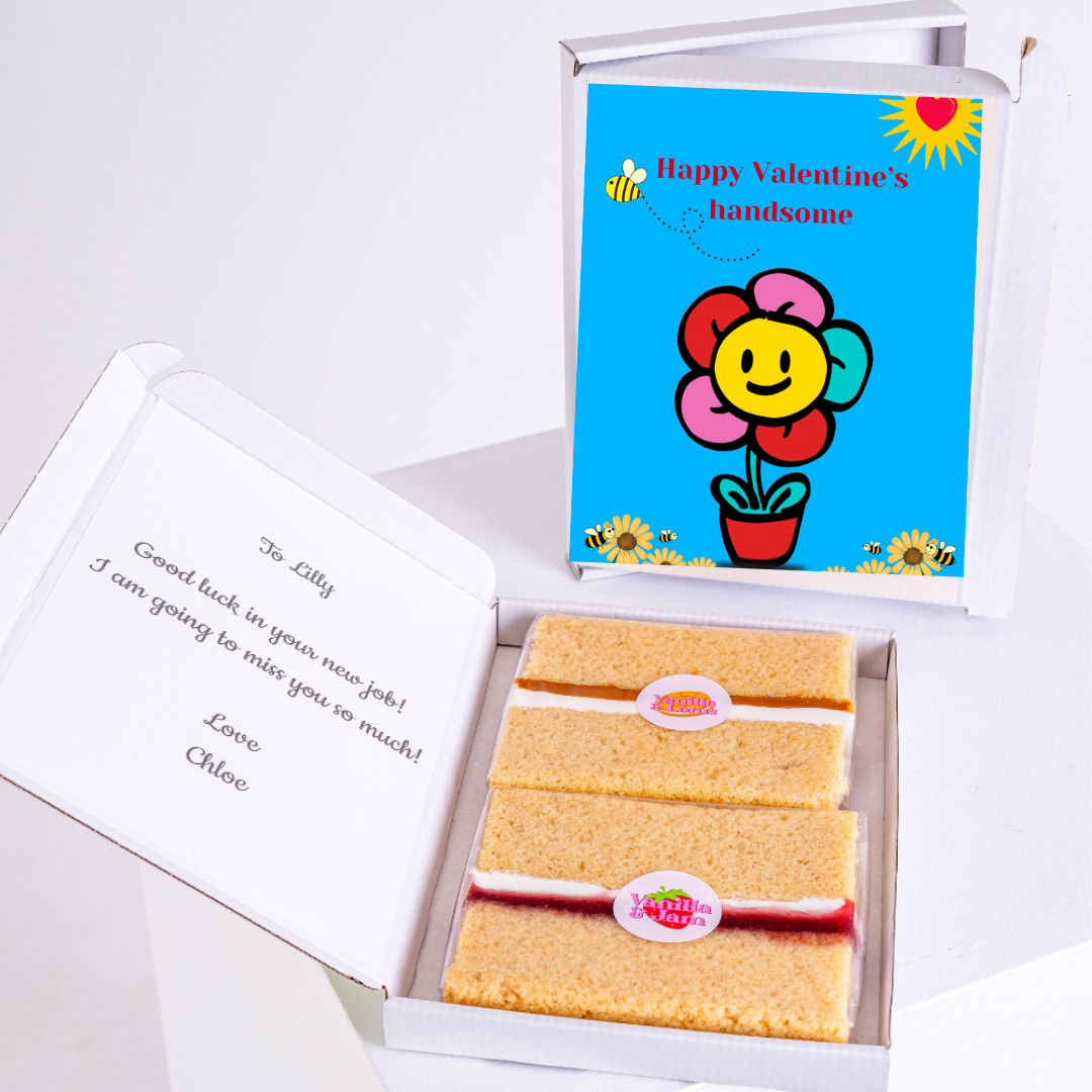 Valentine's gift box with cake, card for Lilly, and flower design.