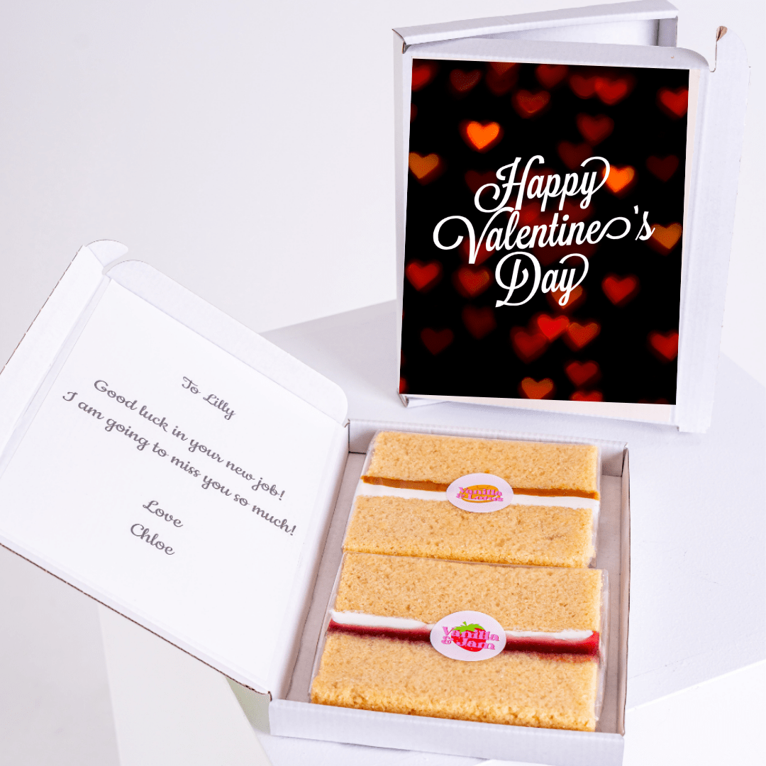 Valentine's Day gift box with cake, card, and message to Lilly.