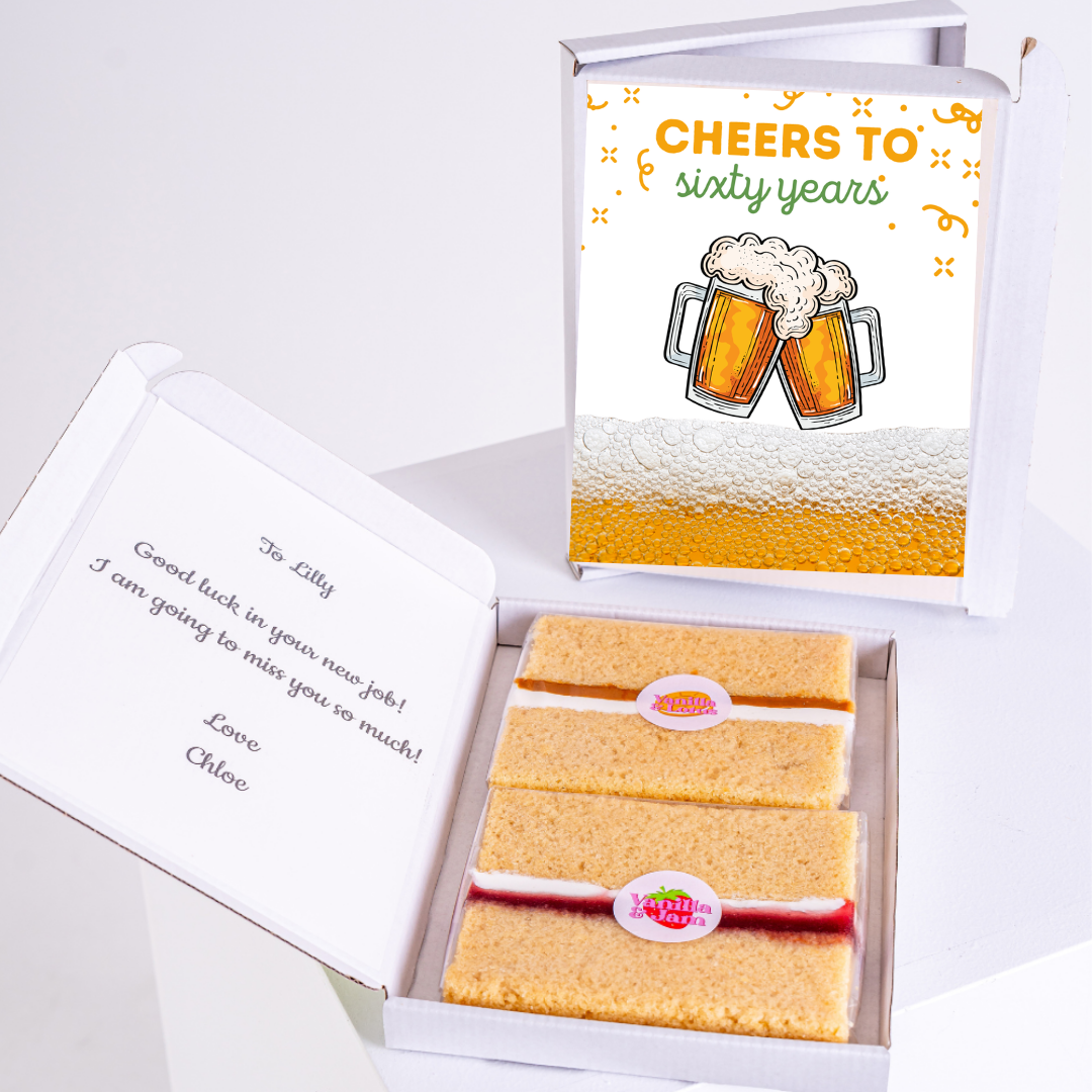 60th birthday gift box with beer and cake, message to Lilly.