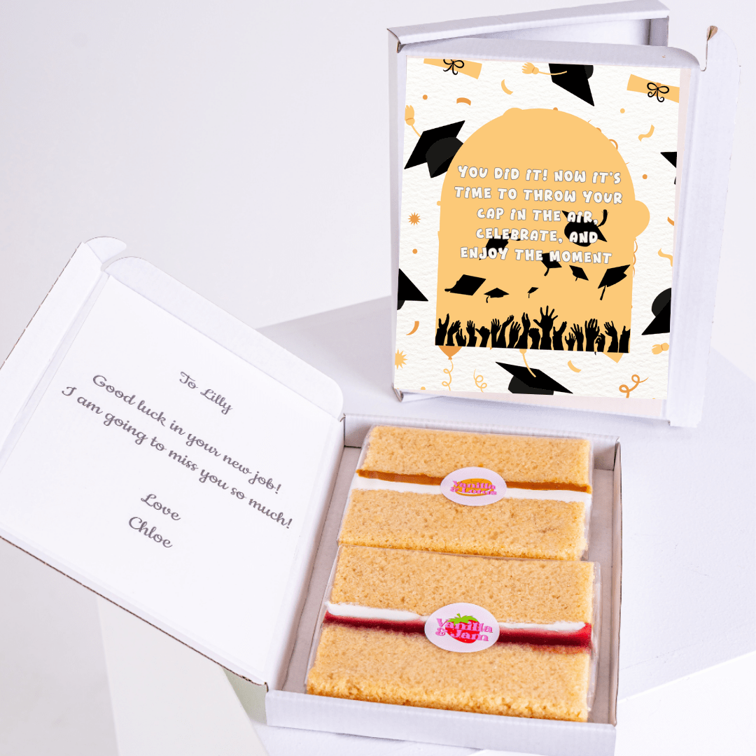 Graduation gift box with cake and congratulations message for Lilly.