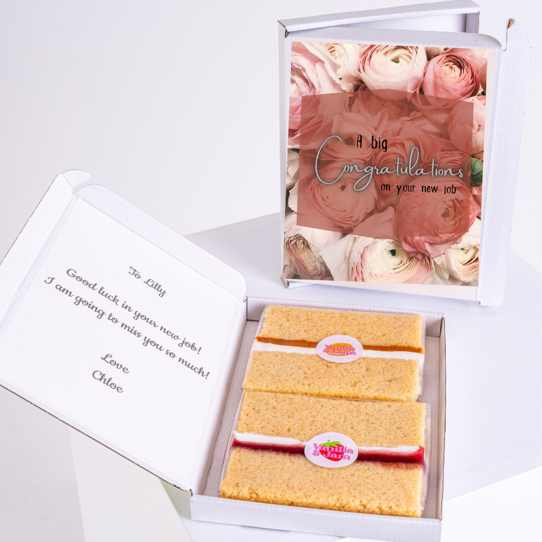 Cake gift box with Congratulations card, for Lilly's new job.
