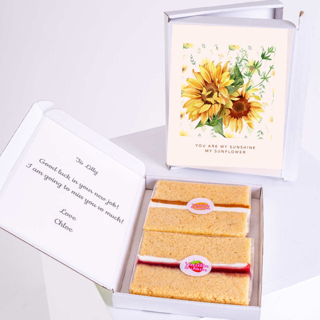 Sunflower card and cake gift for Lilly, goodbye message