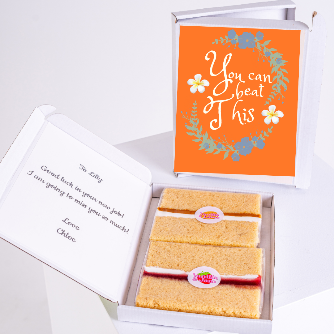 Cake gift box for Lilly with 'You can beat this' card, farewell message