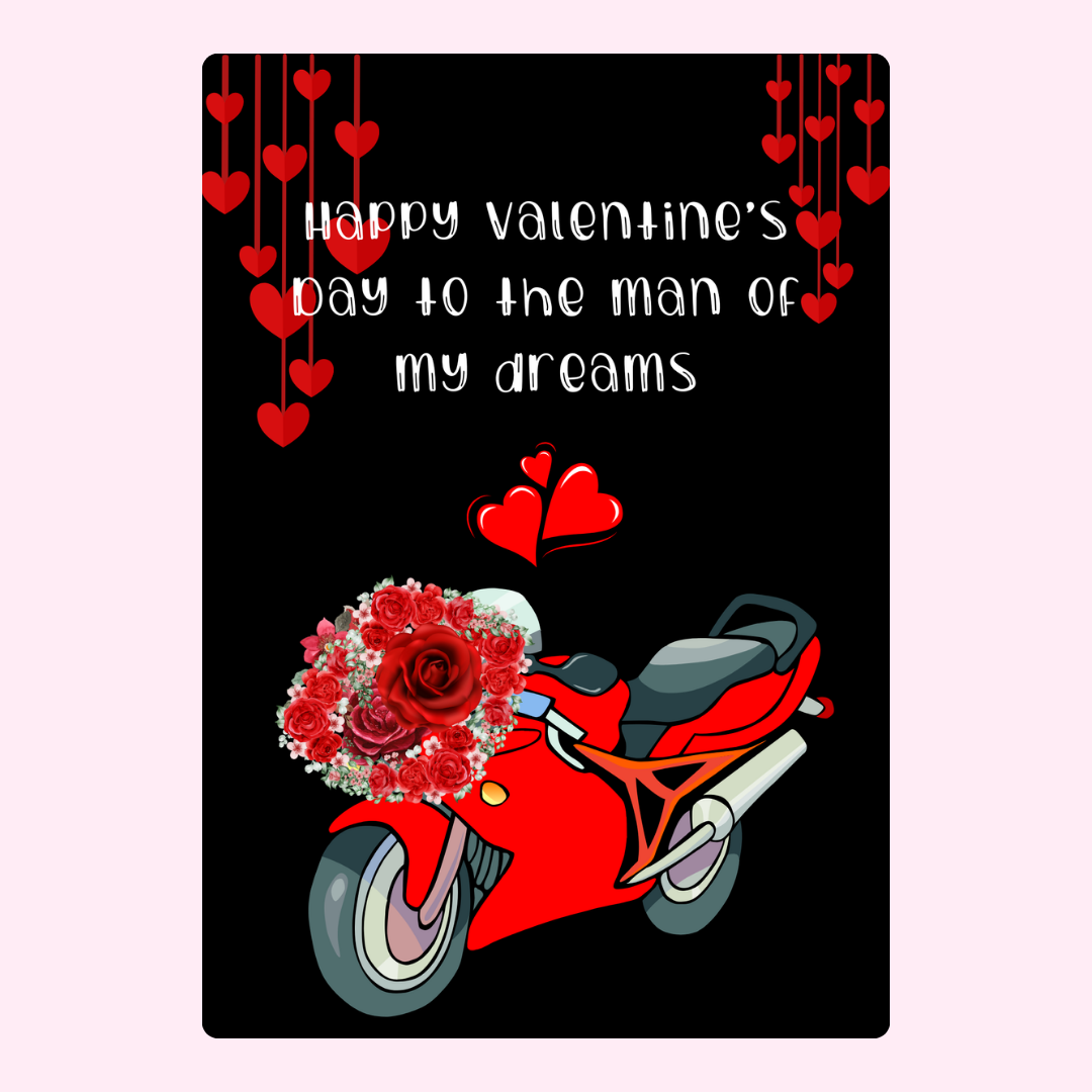 Valentine's Day card with red motorcycle and roses