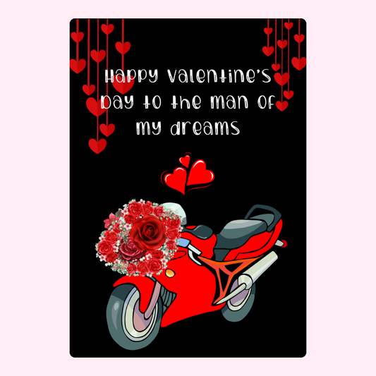 Valentine's Day card with red motorcycle and roses