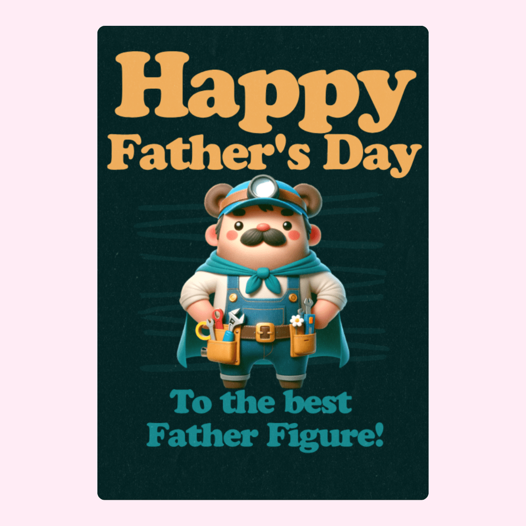 Happy Father's Day card with cartoon father figure.