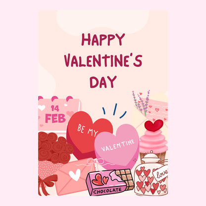 Valentine's Day card with hearts, chocolate, and Happy Valentine's Day