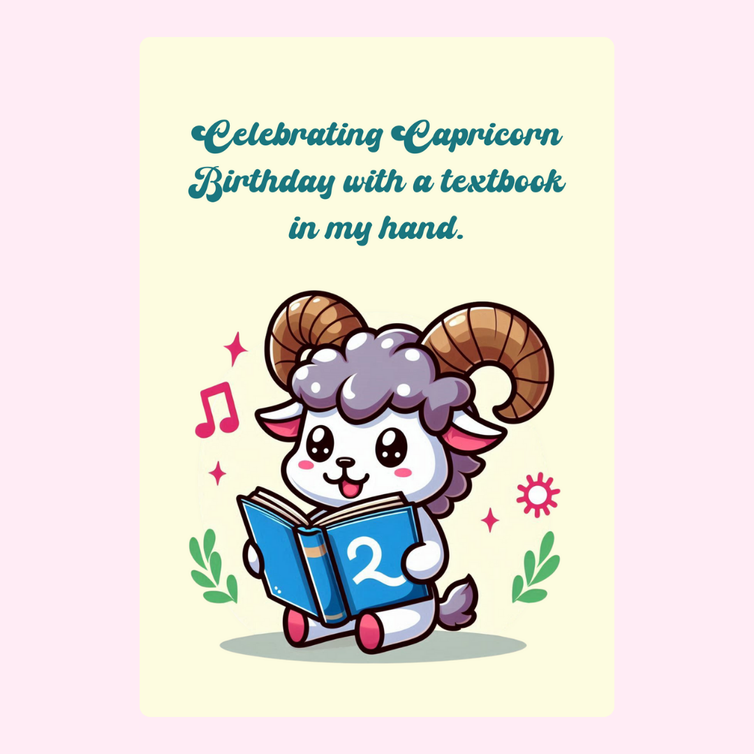 Capricorn birthday card with cartoon ram and textbook