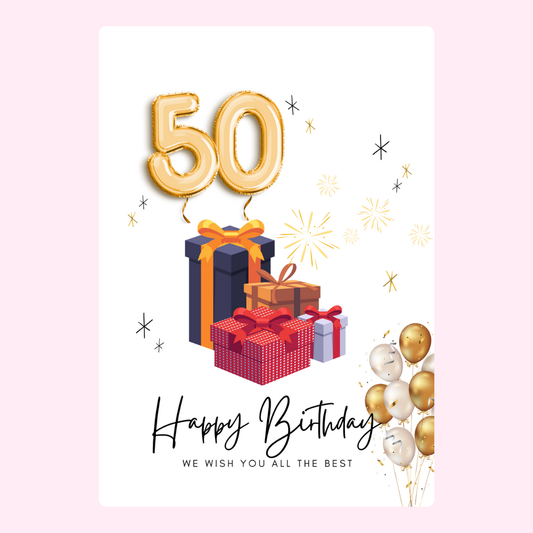 50th birthday card with gifts and balloons