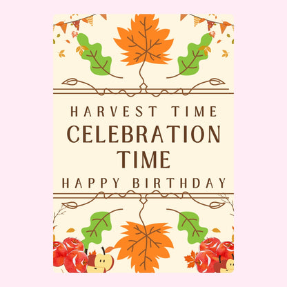 Harvest birthday design with autumn leaves.