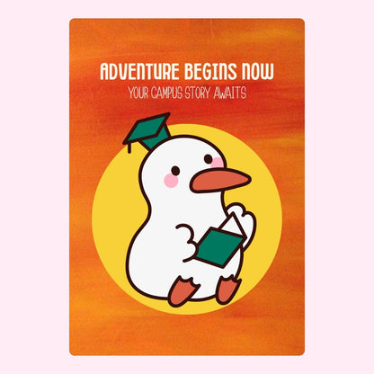 Duck in graduation cap with Adventure Begins Now text.