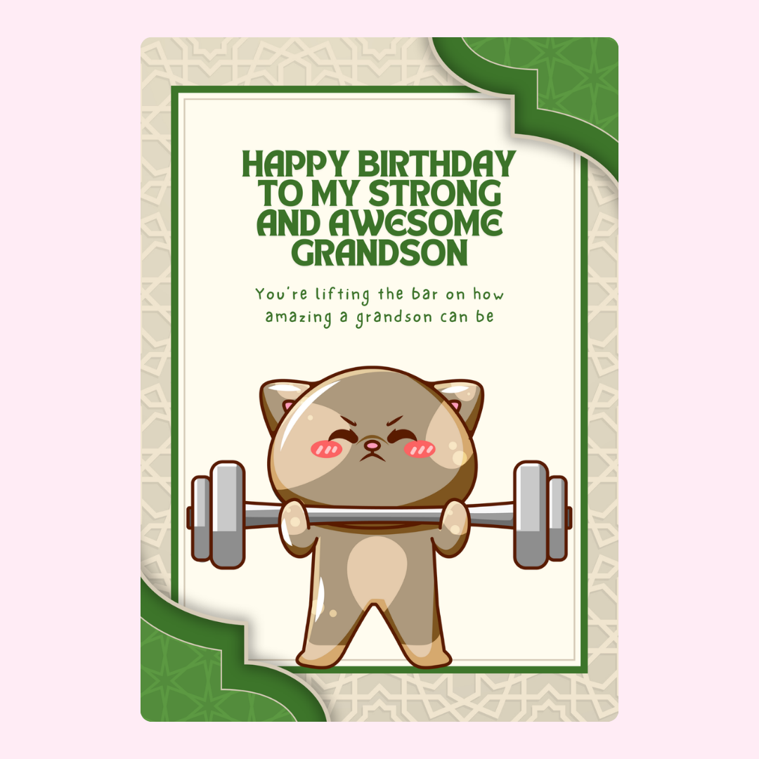 Birthday card for grandson with weightlifting cat