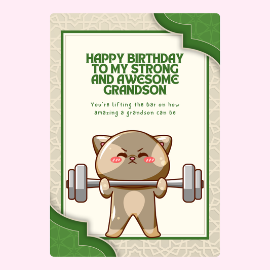Birthday card for grandson with weightlifting cat