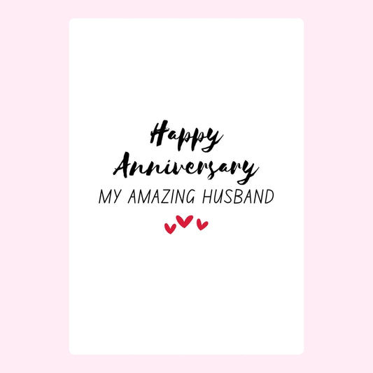 Happy anniversary message for amazing husband with red hearts on white background.