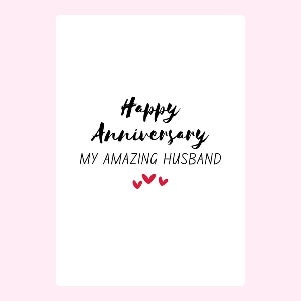 Happy anniversary message for amazing husband with red hearts on white background.