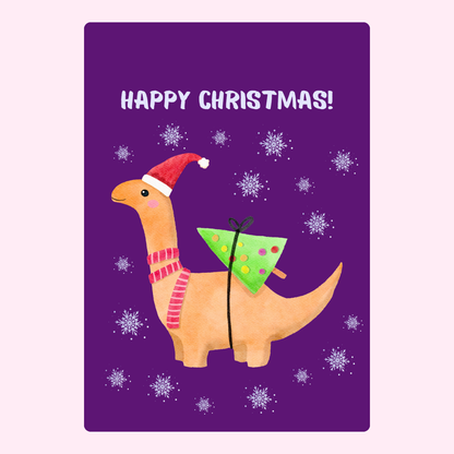 Christmas card with dinosaur, tree, and snowflakes