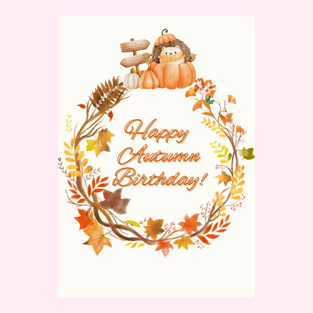 Autumn birthday card with hedgehog and wreath