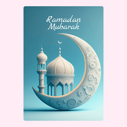 Ramadan Mubarak card with mosque and crescent moon