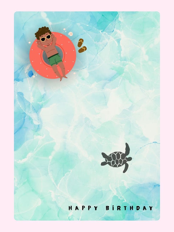 Birthday card with man in pool float and turtle.