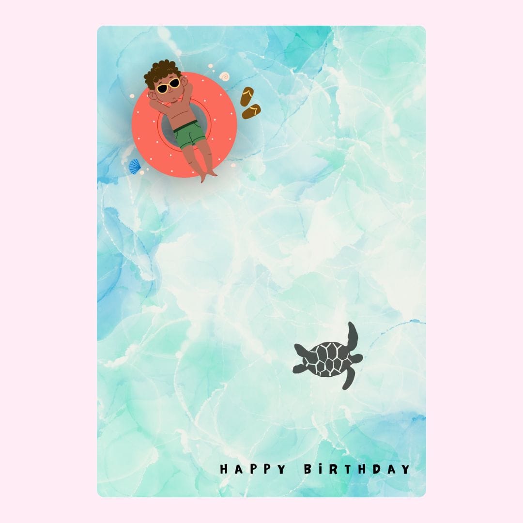 Birthday card with man in pool float and turtle.