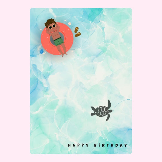 Birthday card with man in pool float and turtle.