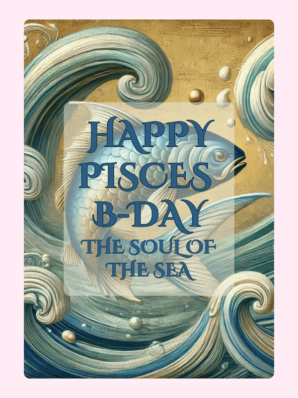 Happy Pisces B-Day card with fish and ocean waves.