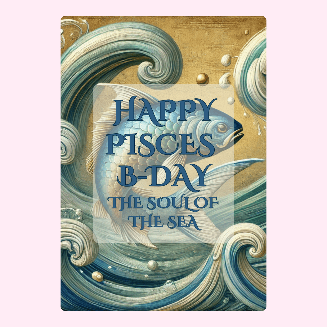 Happy Pisces B-Day card with fish and ocean waves.