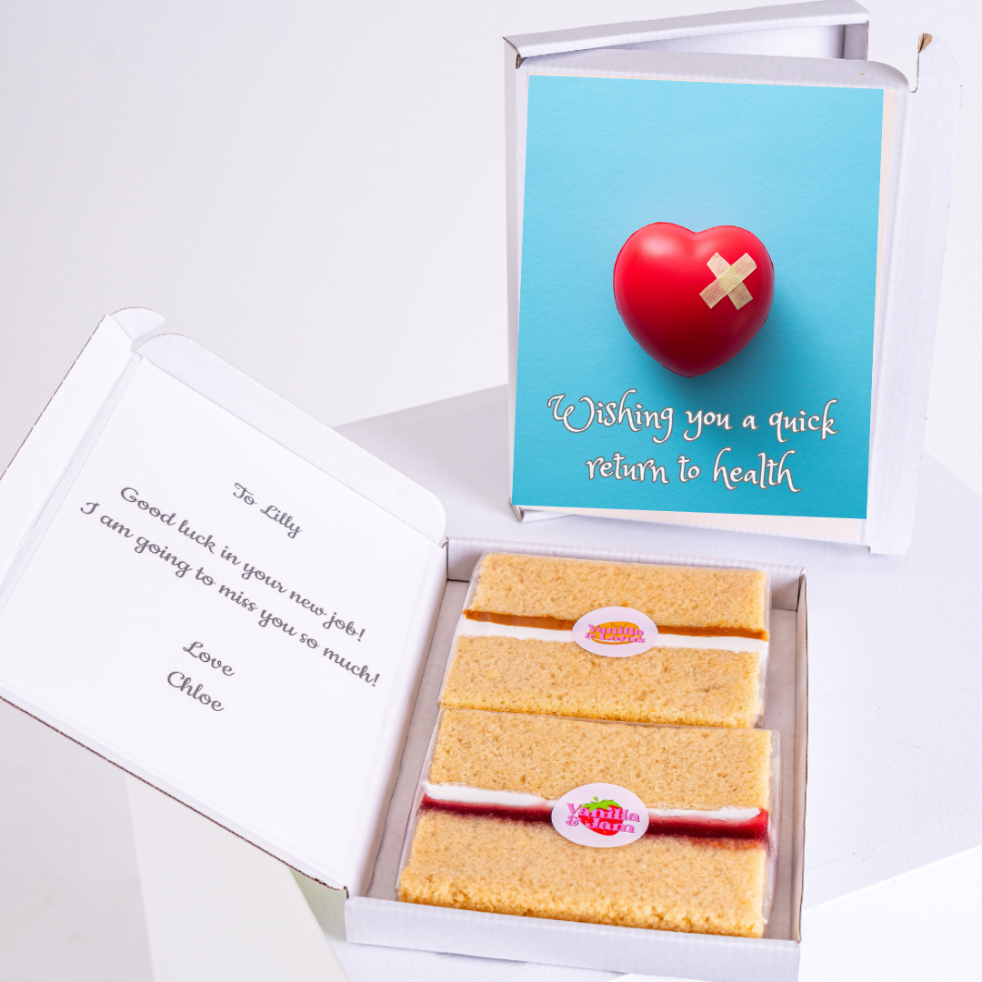 Get well gift box with cake and card for Lilly.