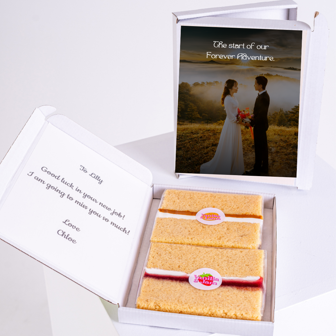 Cake gift box with Forever Adventure photo and note for Lilly
