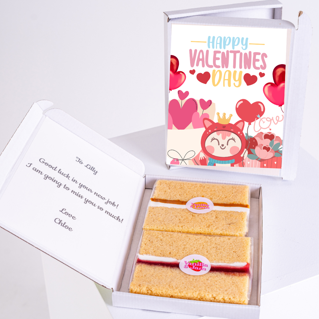 Valentine's Day gift box with cake, card, and message for Lilly.