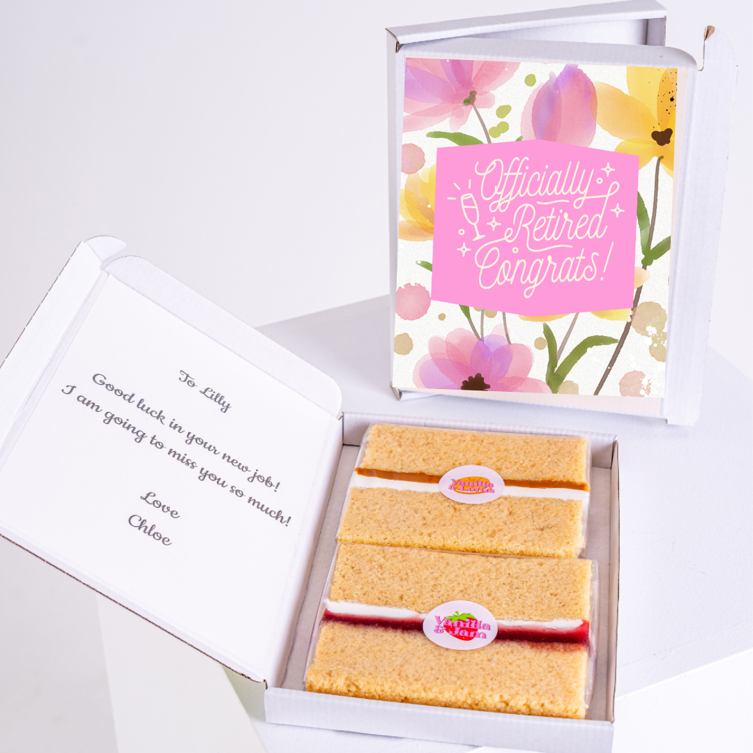 Retirement cake gift box with Officially Retired message and note to Lilly.