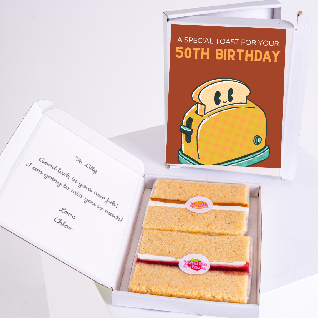 50th birthday cake gift for Lilly with toast card.