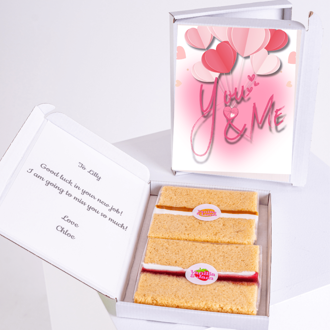 Cake gift box with You & Me card, farewell note for Lilly.