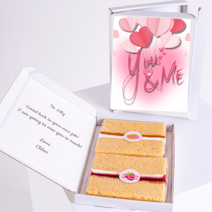 Cake gift box with You & Me card, farewell note for Lilly.