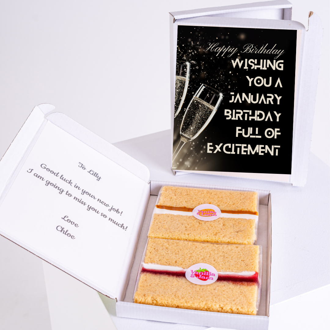 Birthday cake gift box with card wishing a January birthday.