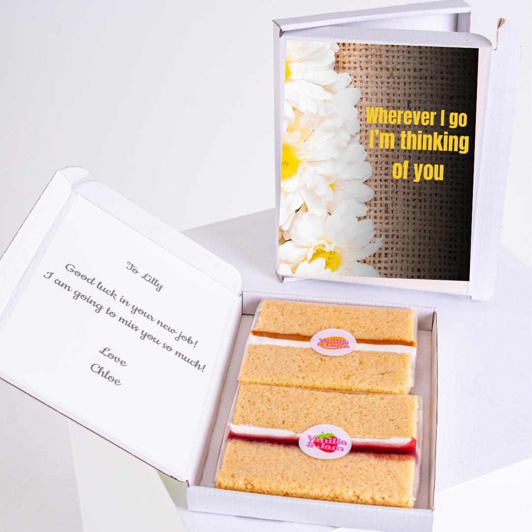 Farewell gift box with cake and message Wherever I go, I'm thinking of you.