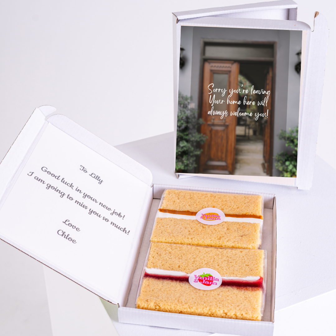 Cake gift box for Lilly with farewell message and home photo.