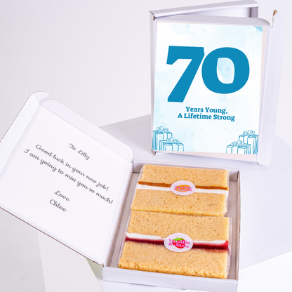 70th birthday cake card with sponge slices in gift box