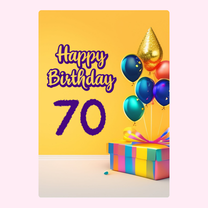 70th birthday cake card with colorful balloons and gift box design on bright yellow background