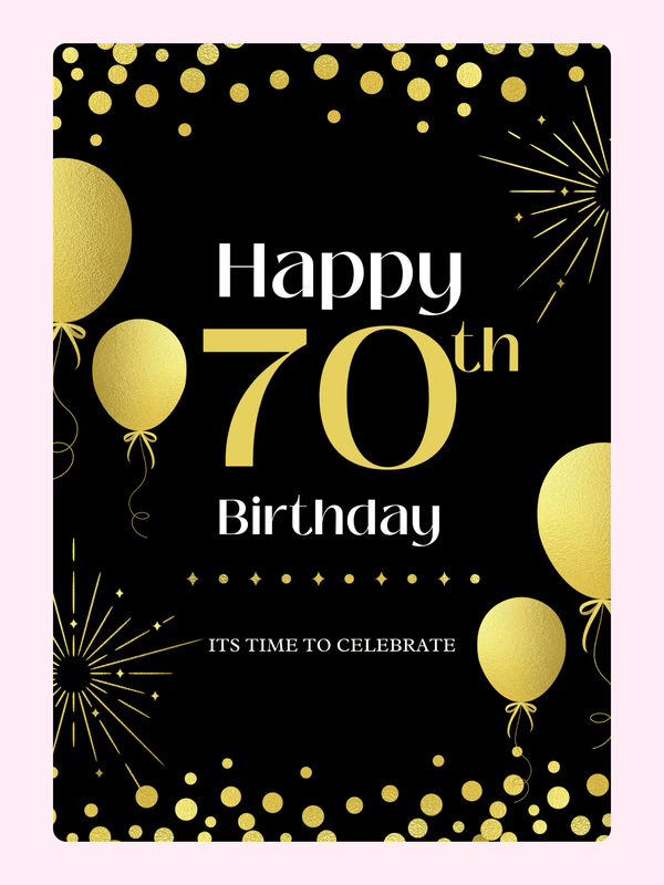 70th birthday cake card with elegant black and gold balloon design for letterbox gift delivery