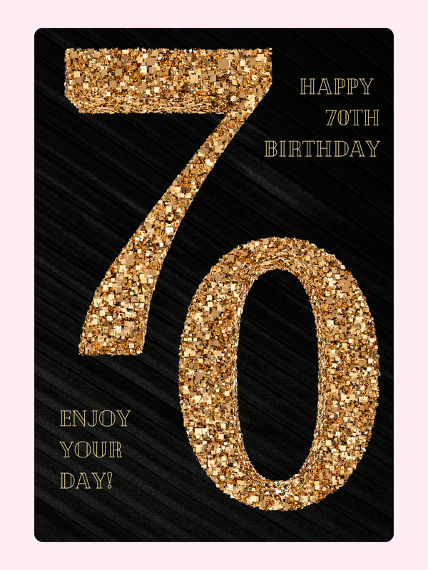 70th birthday cake card with black and gold glitter design for elegant letterbox cake gift UK